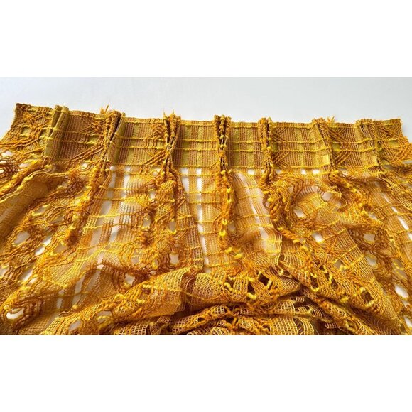 Vintage 70s pleated curtain, orange mesh, open weave geometric, pair - Picture 7 of 10